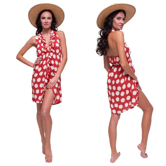 Luli Fama Macarena Red & White Polkadot V Neck Dress SZ L $159 - Picture 2 of 13